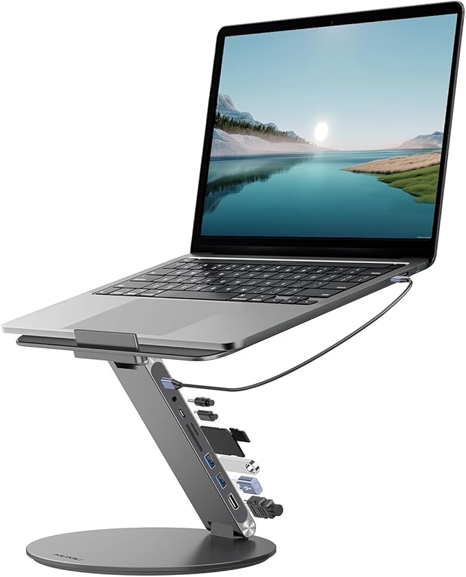 Adjustable Laptop Stand with 8 in 1 USB C Hub, Foldable Portable Computer Notebook Stand with 360° Rotating Base, Riser Holder Mount for All 10-17" Laptops (Gray)