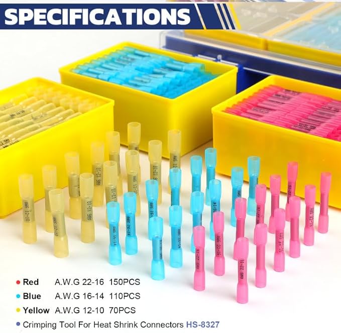 haisstronica 330PCS Marine Grade Heat Shrink Butt Connectors Set, 22-10 AWG (3Colors/3Sizes), with 9" Heat Shrink Crimping Tools and Organizer