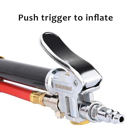 MEASUREMAN Heavy Duty Bayonet Style Tire Inflator, Aluminum Body, 20" Red Hose, Clip On Air Chuck, Aluminum Slide, Range 10-130psi/kpa