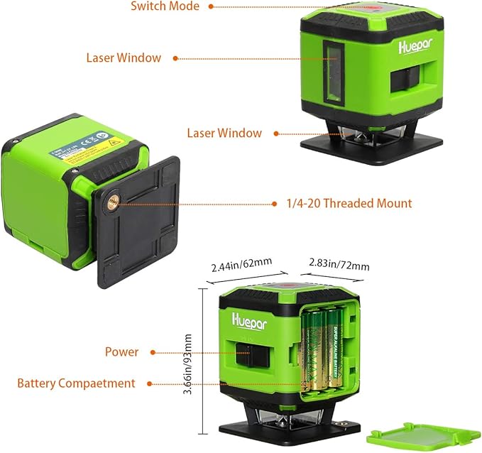Floor Laser Level for Tile, Huepar 360° Self Leveling Laser Square Level Tile Laying (±1/13 in. at 33 ft) - Floor Laser for Tile Installation/Floor Alignment/Wallpaper - FL360G