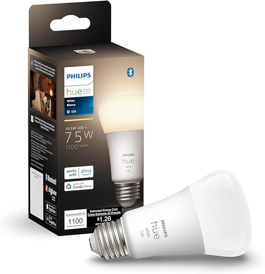 Philips Hue Smart 75W A19 LED Bulb - Soft Warm White Light - 1 Pack - 1100LM - E26 - Indoor - Control with Hue App - Works with Alexa, Google Assistant and Apple Homekit