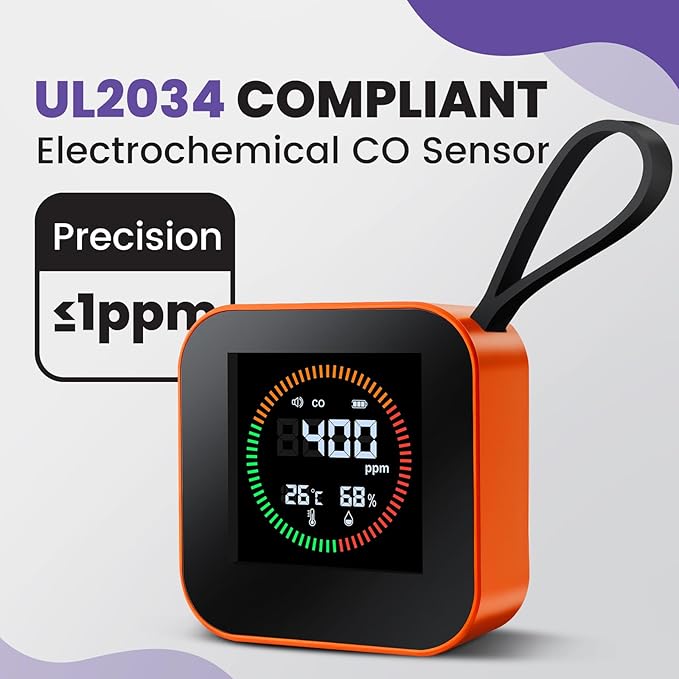 3-in-1 Portable Carbon Monoxide Detector | UL-Compliant CO Detector, Temp, Humidity Monitor for Travel, Camping, RV | USB-C Rechargeable (1, Orange)