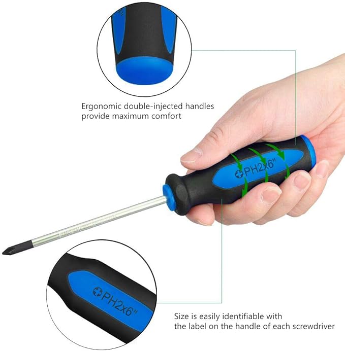 Magnetic Screwdrivers Set, 6 Pieces Slotted & Phillips Screwdriver with Permanent Magnetic Tips, Ergonomic Comfortable Handle,Rust Resistant Heavy Duty DIY Hand Tool Kit for Craftsman Repairing, Blue