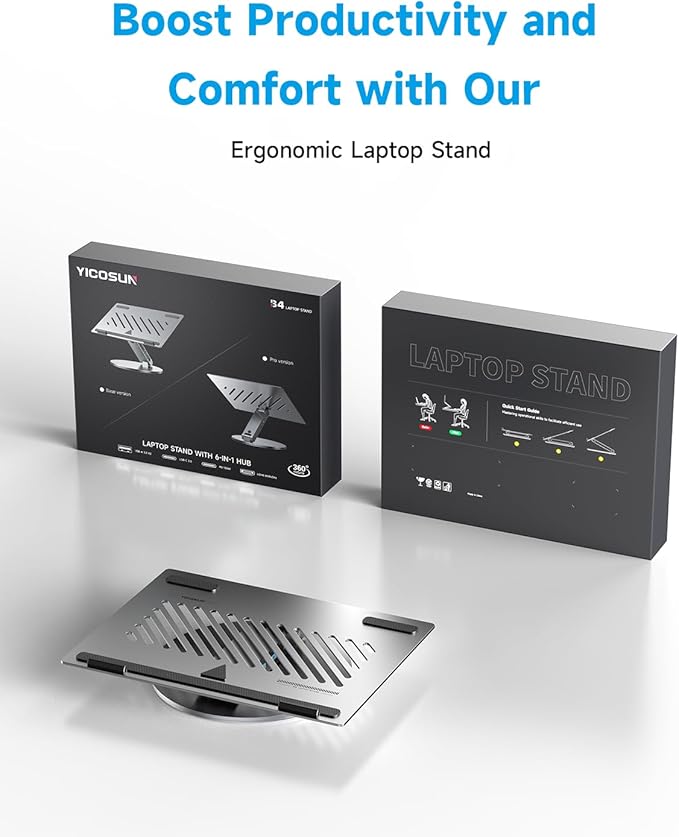 Adjustable Laptop Stand for Desk, 360° Rotating Aluminum Computer Stand with Cooling Vents, Ergonomic & Foldable Notebook Riser, Compatible with MacBook Pro/Air, Dell XPS, HP 10-16”