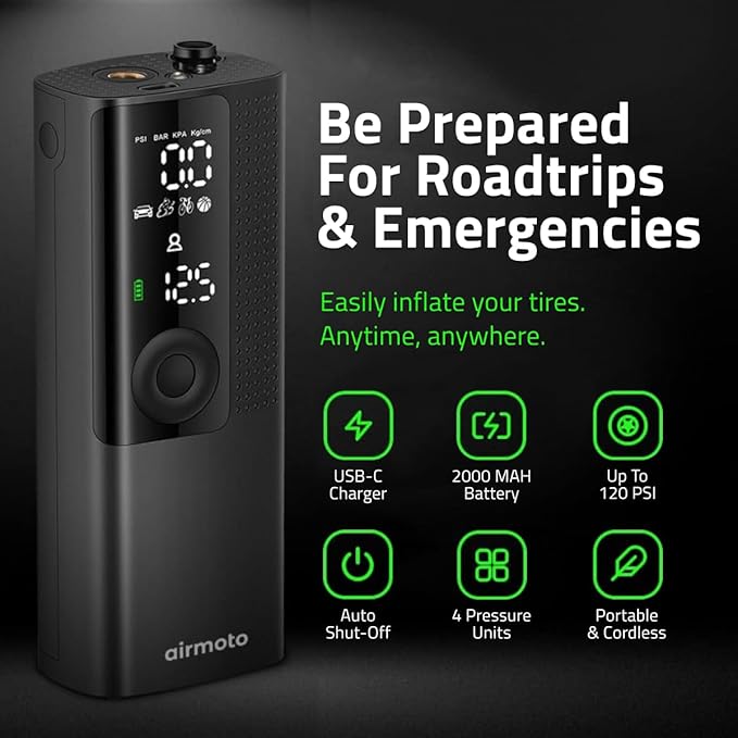 Airmoto Tire Inflator Portable Air Compressor - Air Pump For Car Tires with Digital Pressure Gauge, LED Light and Auto Shut-Off Function - Cordless Pump for Car, Motorcycle, Bicycle, Balls and More