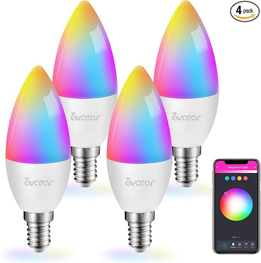 Avatar Controls 4 Pack Wi-Fi Smart LED Light Bulb, Dimmable, E12 Base Candelabra Smart Light Bulbs Color Chnaging Timer Music Sync, 5W, Compatible with Alexa & Google Assistant