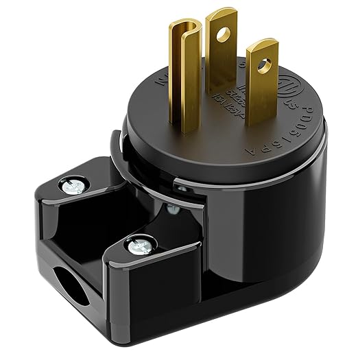 ETL Verified Nema 5-15P 90 Degree Right Angle Plug - 15A, 125V, Black, USA 3-Prong Right Angle AC Plug