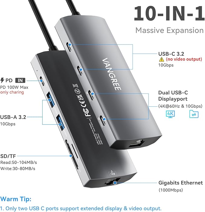USB C Hub with Dual 4K@60Hz Displayports, 2 USB-A & 2 USBC 3.2 10Gbps Ports, 1Gbps Ethernet, 100W PD, SD/TF, USB C Splitter Docking Station for MacBook Pro/Air, iMac, iPad Pro, XPS, Thinkpad,Surface