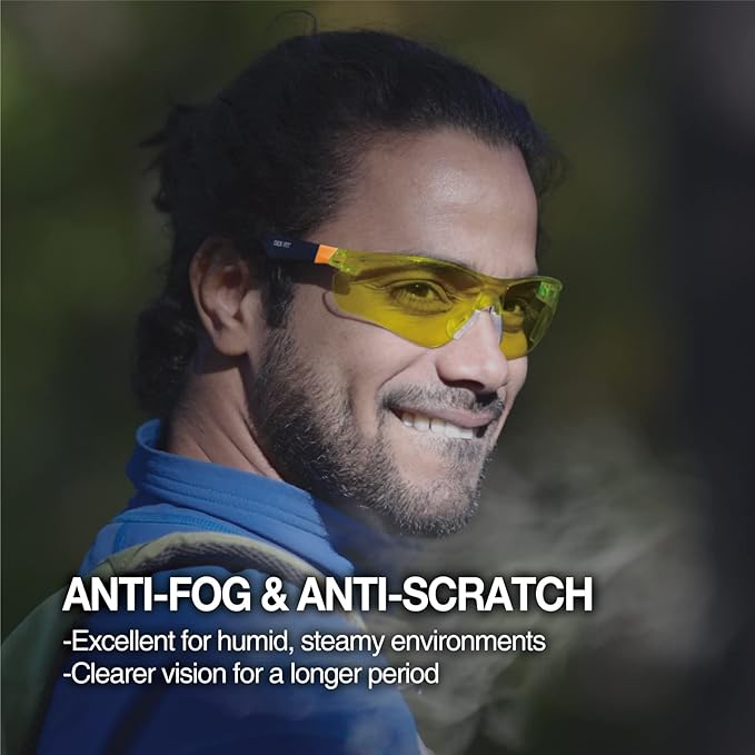 DEX FIT Safety Glasses SG210, Z87 Eye Protection, Anti-Fog & Scratch Resistant, Adjustable for Women and Men, Blue Light Blocking & UV Protection (Black & Blue Frame, Yellow Lens)