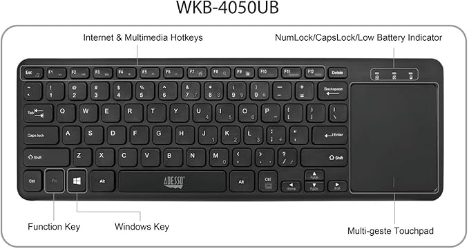 ADESSO WKB-4050UB Wireless Keyboard with Built-in Touchpad, 24GHz RF Technology, Ultra-Slim Scissor Switch Keys, 30ft Range, USB Wireless Receiver