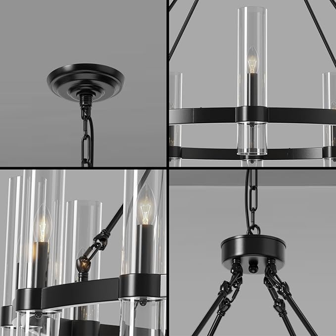 48 Inch Black Wagon Wheel Chandelier, 16 Lights, with Brown Glass Shade, Large Hanging High Ceilings Chandeliers for Dining Room Kitchen Foyer Entryway Living Room