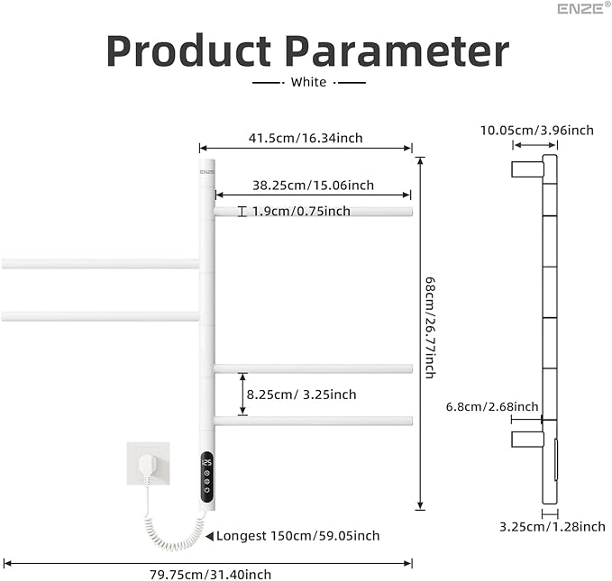 ENZE Smart Rotating Heated Towel Rack for Bathroom, Wall-Mounted Electric Towel Dryer with Swivel Bars, Smart Timer, Low Carbon Steel, IPX5, Plug-in/Hardwired, Towel Warmer with Wi-Fi App Control