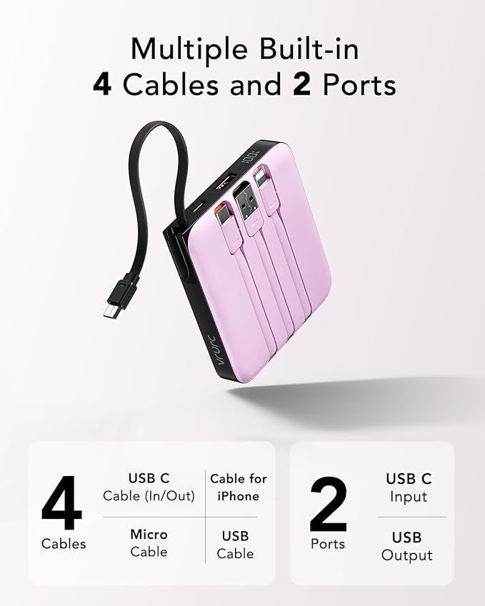 VRURC Portable Charger with Built-in Cable, 10000mAh Power Bank, 22.5W/PD20W Fast Charging USB C Battery Pack for iPhone 16 15 14 Samsung Galaxy S25 S24 S23 S22 Android Airpods, Purple(1 Pack)