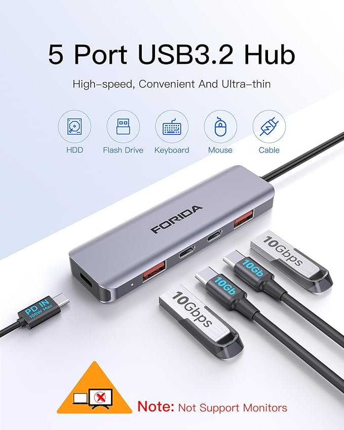 USB C Hub 10Gbps USB C Multiport Adapter for MacBook ipad Phone with 100W PD Charging, USB c Splitter 1 in 4 Out 10Gbps Data Ports Compatible with Surface, XPS, Samsung, Dell and More(Space Gray)