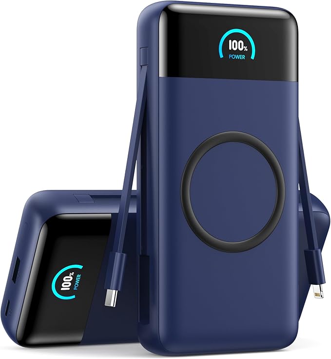 Wireless Portable Charger 40800mAh with Built-in Cables, 15W Wireless Charging USB C Power Bank, 25W PD QC 4.0 5 Outputs TFT LCD Display Battery Pack for iPhone 16/15/14/13/12, Samsung, Android etc