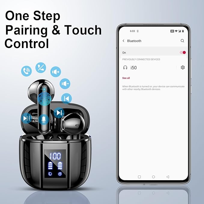 Wireless Earbuds, Bluetooth 5.4 Headphones, 48H, Stereo Ear Buds, LED Display Earphones with Mic, IP7 Waterproof In EarBud, Comfort Fit, Bluetooth Earbuds for Phone Android iOS, Sport, Walk, Black