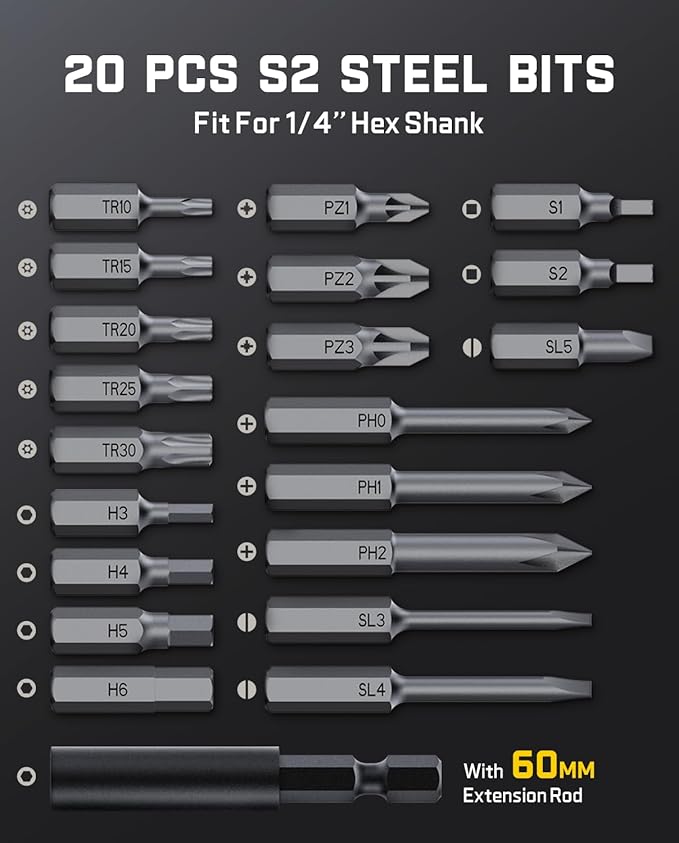 Fanttik S2 Pro Electric Screwdriver, Cordless Screwdriver Set, 7 Torque Settings, 0.5 to 6N.m, 20 Magnetic Bits, 1/4''Hex Shank, with 90° Angle Adapter, for Furniture, Household Repairs