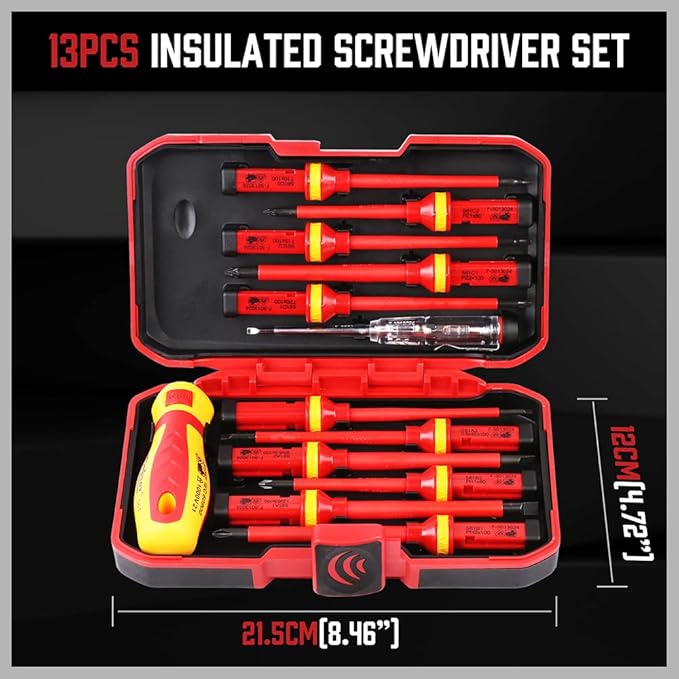 1000V Insulated Electrician Screwdriver Set - 13-Piece Professional Electrical Screwdriver Set Insulation Handle CRV Steel Magnetic Phillips Slotted Pozi Torx Tips VDE & GS Certified