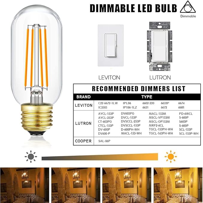 Leools Dimmable E26 led Bulb 8W Equal 75 watt Vintage LED Edison Bulb Clear Glass AC120V 2700K 800LM T14 LED Bulb for Ceiling Fan Light Bulbs, Pendant,Sputnik,Vanity,Chandeliers,6Pack.