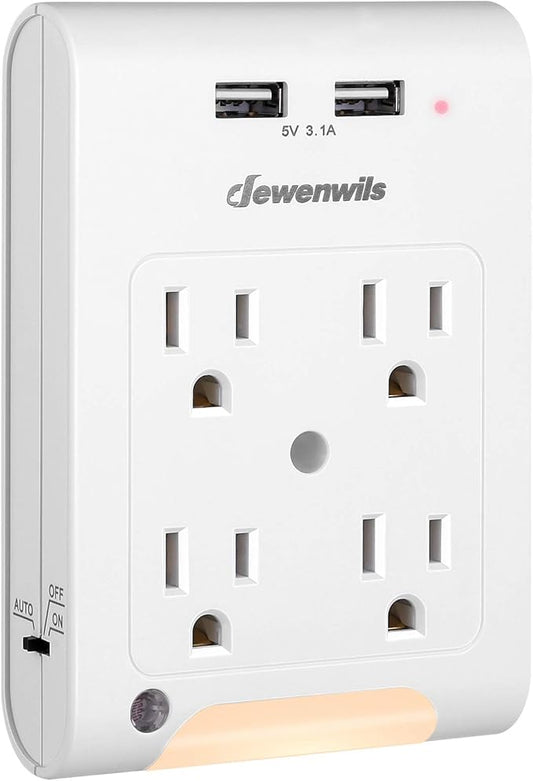 DEWENWILS 4-Outlet Extender, Wall Outlet Adapter with 2 USB Ports(3.1A Total), Light Sensor Night Light, 1080 Joules Surge Protector, ETL Listed, White