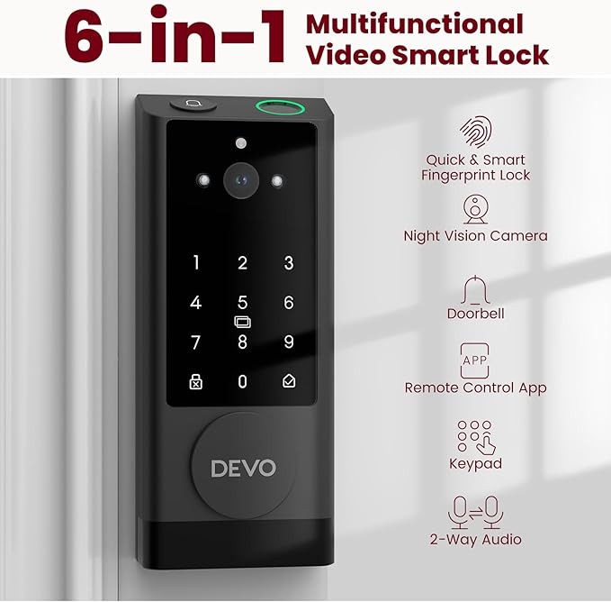 DEVO G1 Smart Lock with Handle Set, 6-in-1 Keyless Entry Door Lock, Video Smart Deadbolt with Fingerprint, Built-in Wi-Fi, App Remote, Auto Lock, IP65 Waterproof Front Door Lock, Easy Install