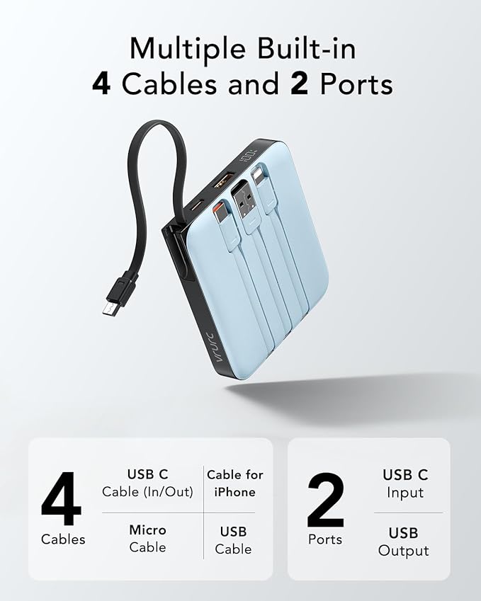 VRURC 10000mAh Portable Charger for iPhone with Built-in Cables, PD 20W Fast Charging Power Bank, Battery Pack for iPhone 16 15 14 13 Samsung Galaxy S25 S24 Series Android, Blue(1 Pack)