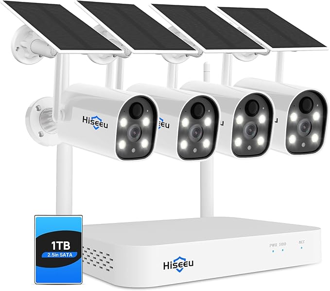 Hiseeu Solar Powered Wireless Security Camera System Outdoor, 10CH 4K NVR, AI Human Detection, 2-Way Audio, 4MP Security Solar Battery Cameras with Color Night Vision, IP66 Waterproof, 1TB HDD