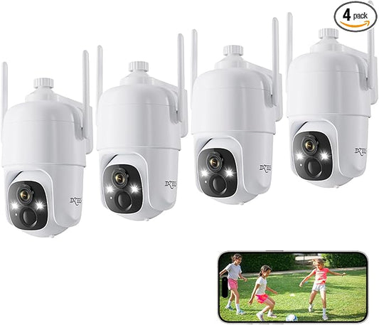 Dzees 360° PTZ Security Cameras Wireless Outdoor WiFi, 2K Battery Powered Home Security Camera Indoor, Spotlight & Siren, Color Night Vision, 2-Way Talk, AI Motion Detection, IP66, SD/Cloud 4-Pack