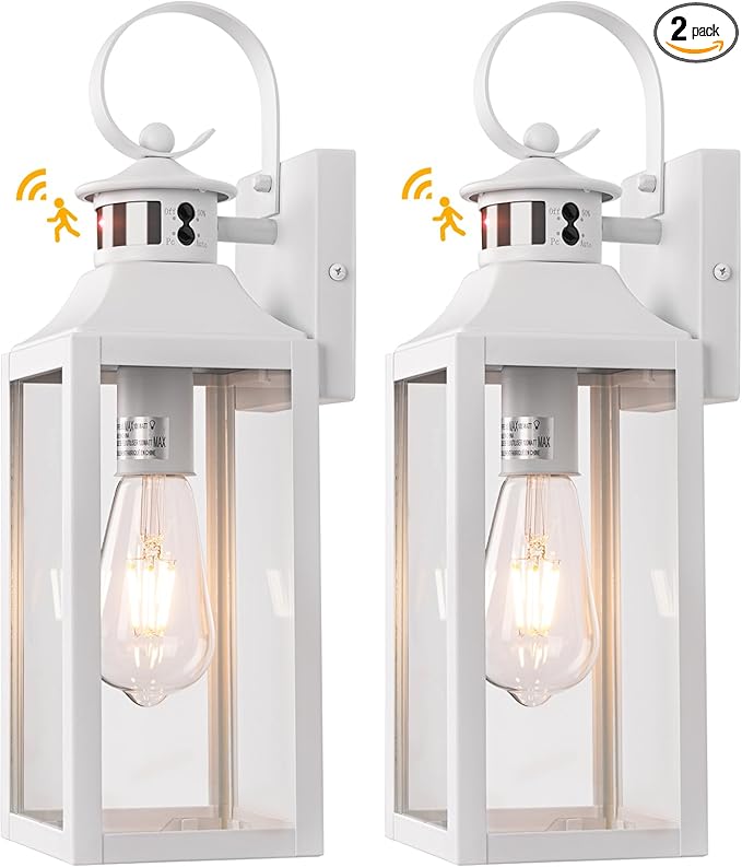 16" Motion Sensor Outdoor Lights 2 Pack - White Dusk to Dawn Light Fixtures Wall Mount, Modern Exterior Wall Sconces, Large Outside Lamps for House, Garage Lanterns