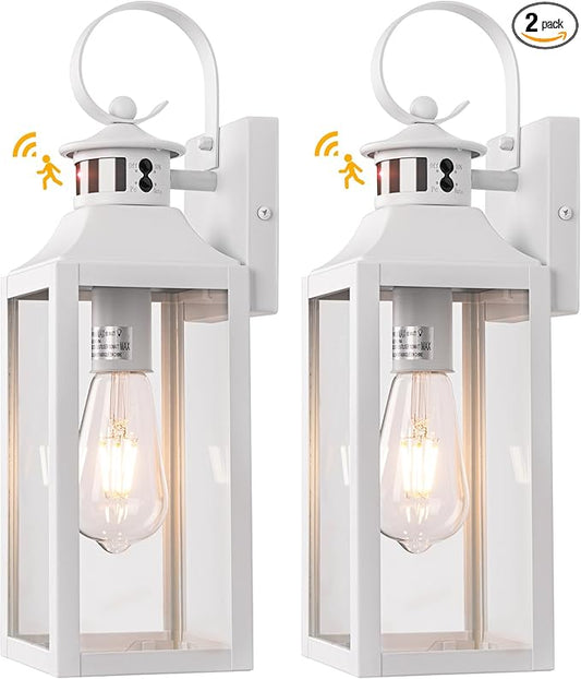 16" Motion Sensor Outdoor Lights 2 Pack - White Dusk to Dawn Light Fixtures Wall Mount, Modern Exterior Wall Sconces, Large Outside Lamps for House, Garage Lanterns