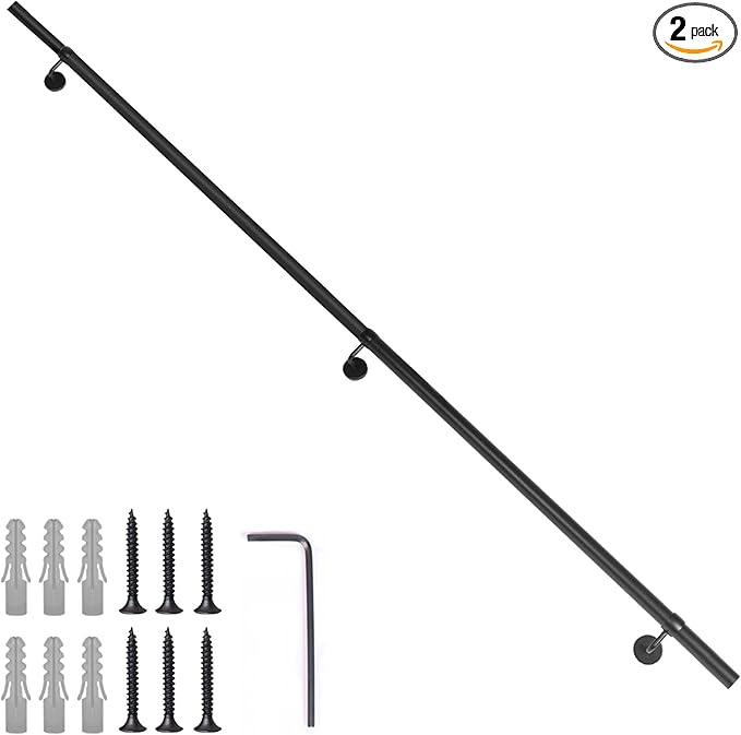 8Ft Industrial Metal Stairs Handrail Kit, Sturdy Wall Mount Aluminum Hand Rail, Indoor Outdoor Stair Railing Wood Concrete Brick Wall,1.5 in Round Pipe Grab Bar, Matte Black-8FT