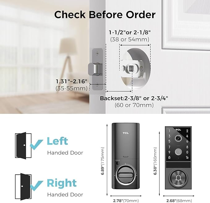 TCL Video Smart Lock D1 Max, 3-in-1 2K Camera+Doorbell+Fingerprint Door Lock, Built-in Wi-Fi Deadbolt for Front Door, Keyless Entry, Auto Lock, App Remote Control, Easy Installation