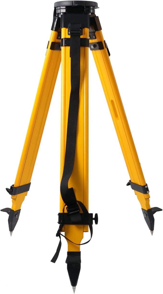 Fiberglass Surveying Tripod, Heavy Duty Yellow Fiberglass and Wood Tripod with Dual Clamp and Copper Center Screw for Robotic Total Stations and Theodolite (Flat Head-B)