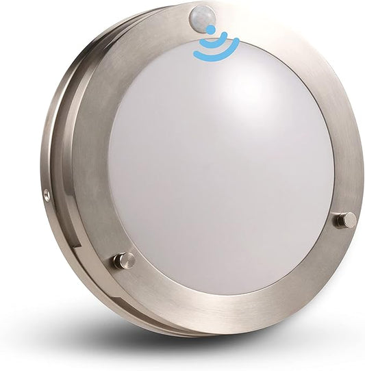 CLOUDY BAY Indoor Outdoor Motion Sensor Flush Mount Porch Ceiling Light,10 inch 5 Color 120V 20W, 5CCT Selectable,Brushed Nickel Finish,Dust Proof,Wet Location,ETL Listed