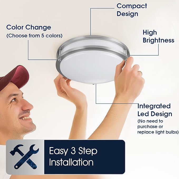 LUNABODE 18-Inch Double Ring Dimmable LED Flush Mount Ceiling Light, 20W, 5CCT 2700K-5000K,1400lm, Brushed Nickel Finish Steel, ETL Listed (4 Pack)