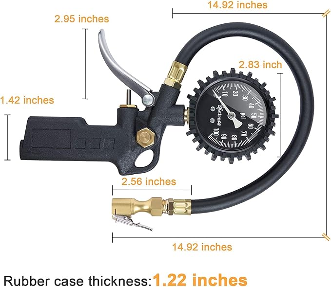 AstroAI Tire Pressure Gauge with Inflator, 100 PSI-ANSI B40.1 Accurate, Large 2.5" Easy Read Glow Dial, Heavy Duty Air Chuck and Compressor Accessories with Rubber Hose and Quick Connect Coupler
