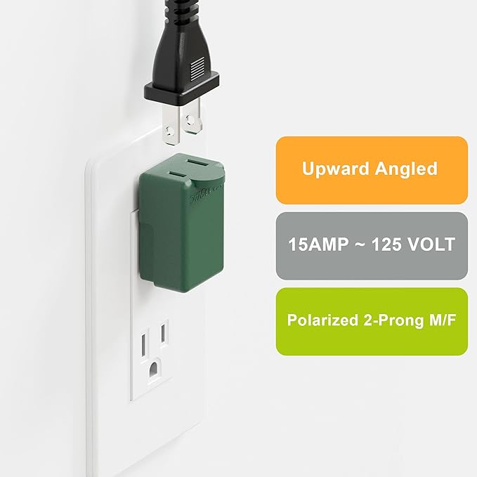 Right Angle Adapter,2-Prong 90 Degree Upward Angled AC Adapter, Polarized 2-Prong L Type Adapter, Vertical Right Angled Down Angle Power Adapter, PA-0507G Green Color