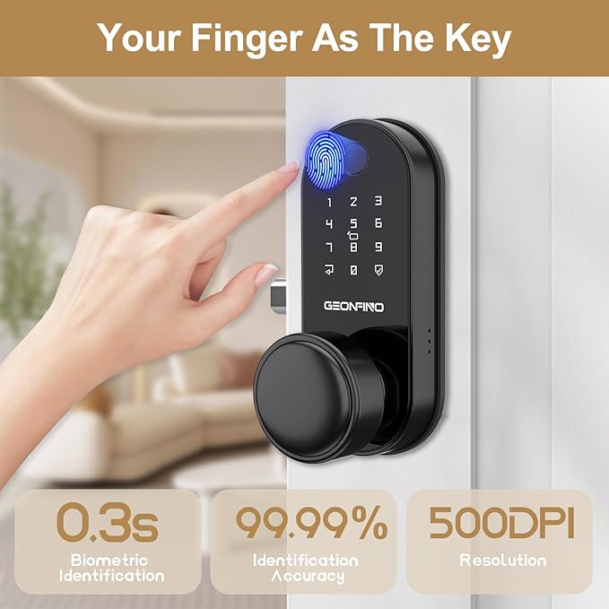 GEONFINO Smart Door Lock with Knob, Keyless Entry Door Lock with Handle, Black Digital Deadbolt for Home