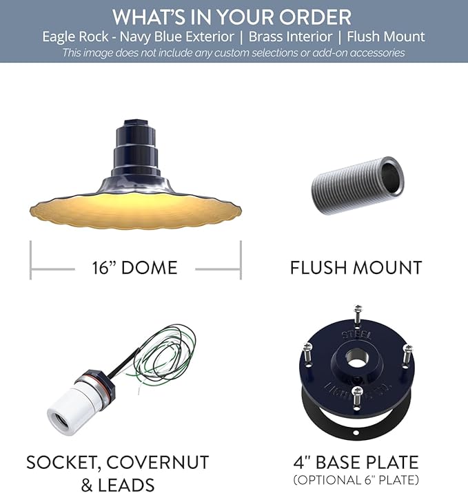 Steel Lighting Co. Eagle Rock Pendant | Ceiling Mounted Light | 16 inch Radial Wave | Flush Mount | Heavy Duty Steel Retro Farmhouse Style Made in America | Navy Blue Exterior/Brass Interior