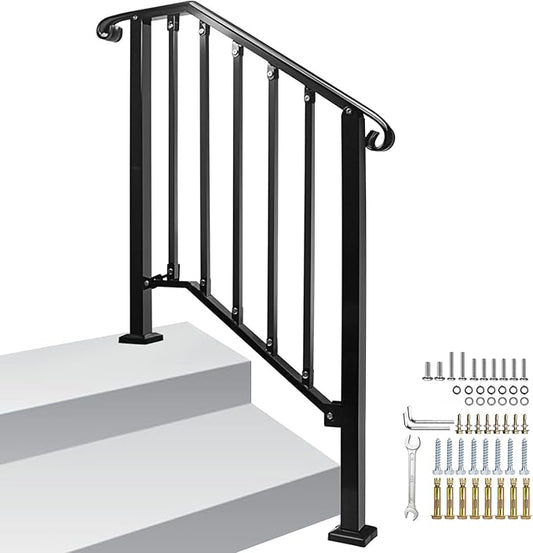 Adjustable Handrails for Outdoor Steps, Handrail Picket #2 Fits 2 or 3 Steps, Mattle Wrought Iron Handrail, Stair Rail with Installation Kit for Outdoor Steps