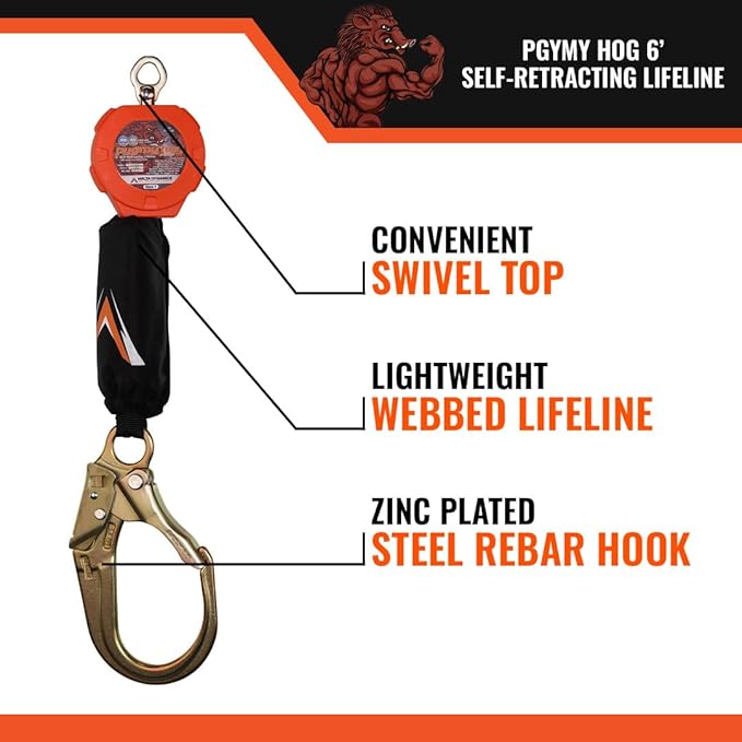 Malta Dynamics Pygmy Hog Web Self Retracting Lifeline – Fall Protection Retractable Safety Lanyard with Connector Kit and Rebar Hook, OSHA Compliant & ANSI Compliant (6 Foot)