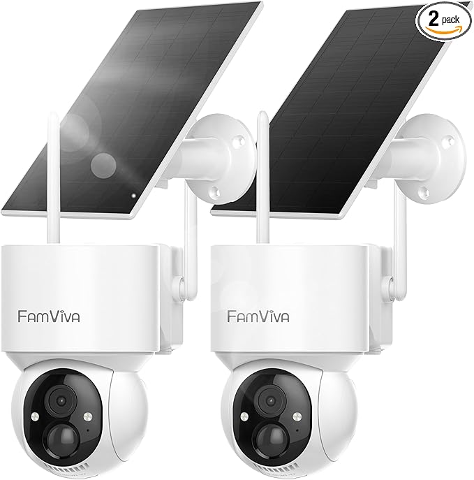 2K Solar Security Cameras Wireless Outdoor, 360°PTZ Battery Powered Cameras for Home Security, 2.4G WiFi Outdoor Camera with Color Night Vision, IP66 Waterproof, Motion Sensor Alarm, White，2Pack