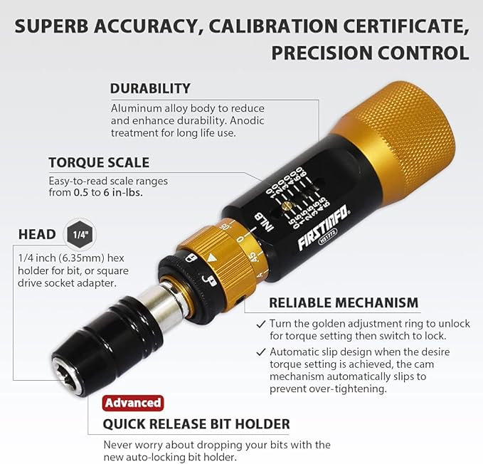 FIRSTINFO H51772 Ultra Precision Certified Torque Limiting Screwdriver, 1/4 Inch Universal Hex Quick Release Bit Holder, Torque Range 0.5-6 in-lbs