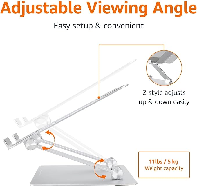 Amazon Basics Sturdy and Portable Ergonomic Laptop Stand for Desk, Adjustable Riser, Fits all Laptops and Notebooks up to 17.3 Inch, Silver, 10 x 8.7 x 6 in