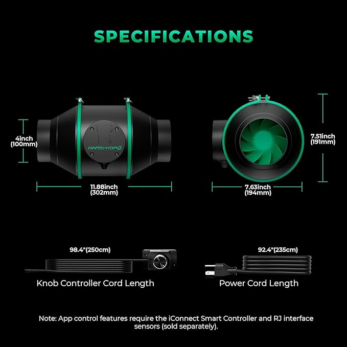 Mars Hdyro iFresh 4 Inch Smart Inline Duct Fan with Variable Speed Controller, 205 CFM App Control Ventilation Exhaust Fan for Grow Tents, Hydroponics