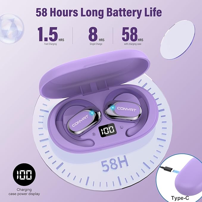 Open Ear Headphones, Wireless Bluetooth 5.4 Earbuds with Big Earhooks, Ultra-Comfort Open Ear Earbuds, 58 Hours HD Stereo Sound Over Ear Earphones, IP7 Waterproof Headset for Workouts, Purple