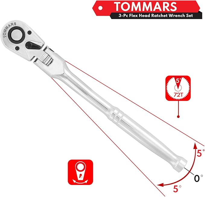 TOMMARS Flex-Head Ratchet Set, 1/4", 3/8", 1/2" Drive Flexible Ratchet Handle Wrench 72-Tooth Quick-Release Reversible