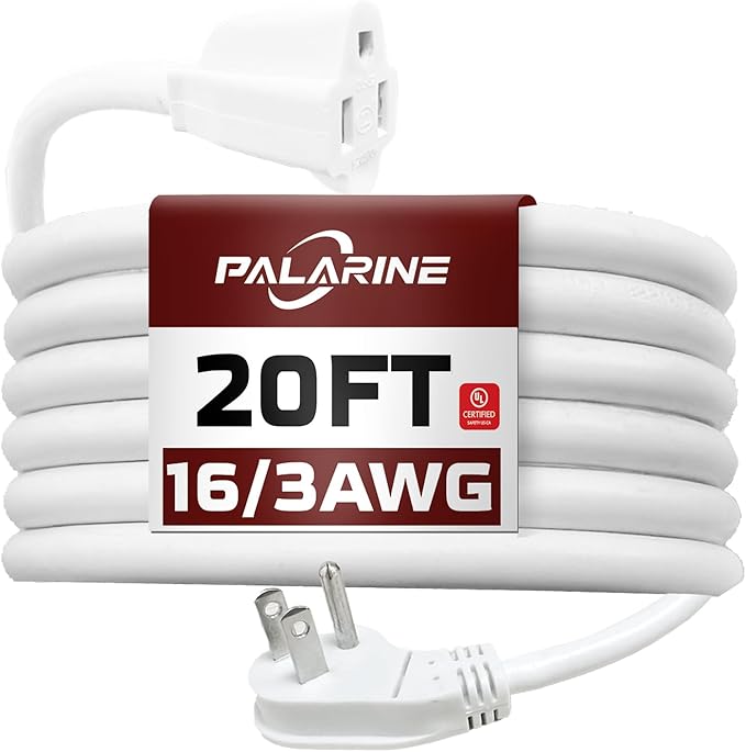 Indoor Flat Plug White Extension Cord 20ft, UL Listed, 16/3 SJTW 3 Prong Heavy Duty, 16 Gauge 13A Power Cord for Lights, Appliance, Home, Office