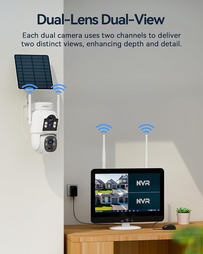 Solar Camera Outdoor Wireless System, 4MP+ 4MP Dual Lens Solar Powered Camera for Home Security with 12'' Monitor 16CH NVR, 360° PTZ, 2.4G/5G WiFi, Human Detection, Color Night Vision, 500G HDD