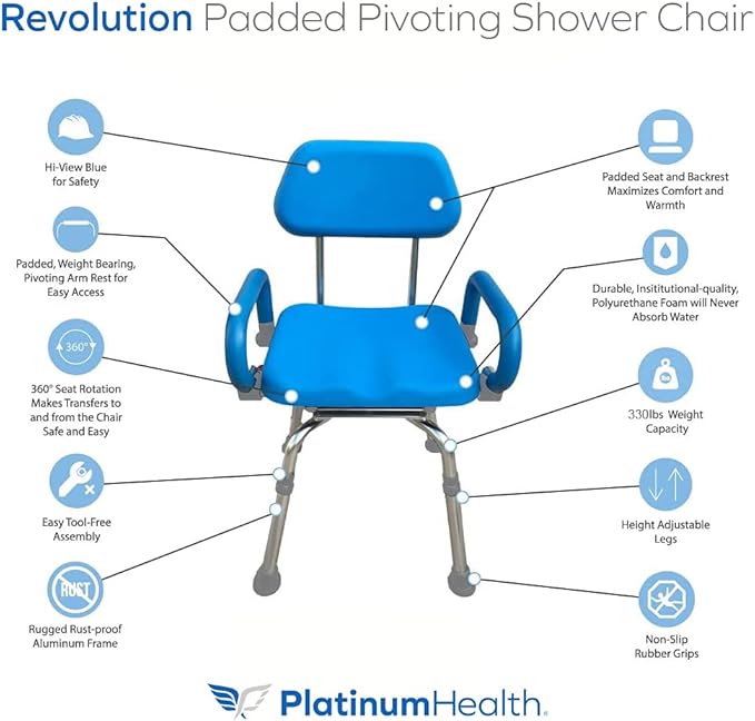 Revolution Pivoting Shower Chair for Bathtub, Adjustable Swivel Seat with Padded Back and Arms, Adjustable Space Saving Design for Tubs, Shower, for Elderly, Handicap & Seniors, Blue